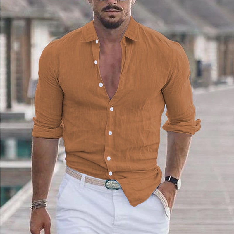 Men'S And Women'S Summer Cotton And Linen Lapel Beach Shirts Long-Sleeved Pure Multi-Color Hawaiian Holiday Clothing - Image 3